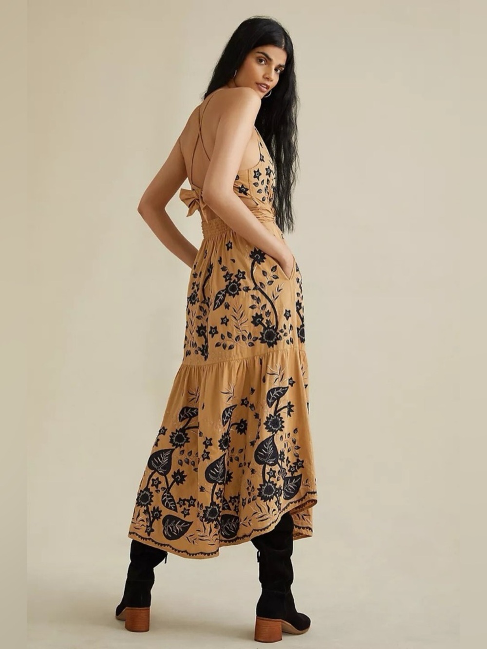 Anthropologie Maeve Tan Black Ruffled Veruschka Embroidered Maxi Dress (Size 10) - Picture 2 of 5